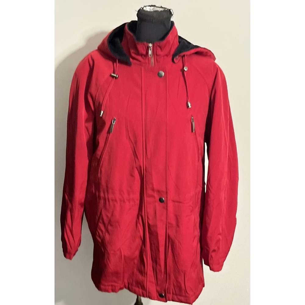 Liz Claiborne Jacket Womens Medium Red Hooded Parka Fleece Lined Zip Snap Winter